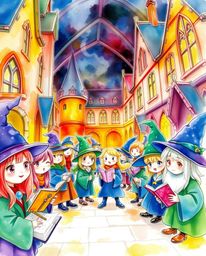 Discover a captivating collection of delicate watercolor paintings depicting a magical school brimming with young, energetic 