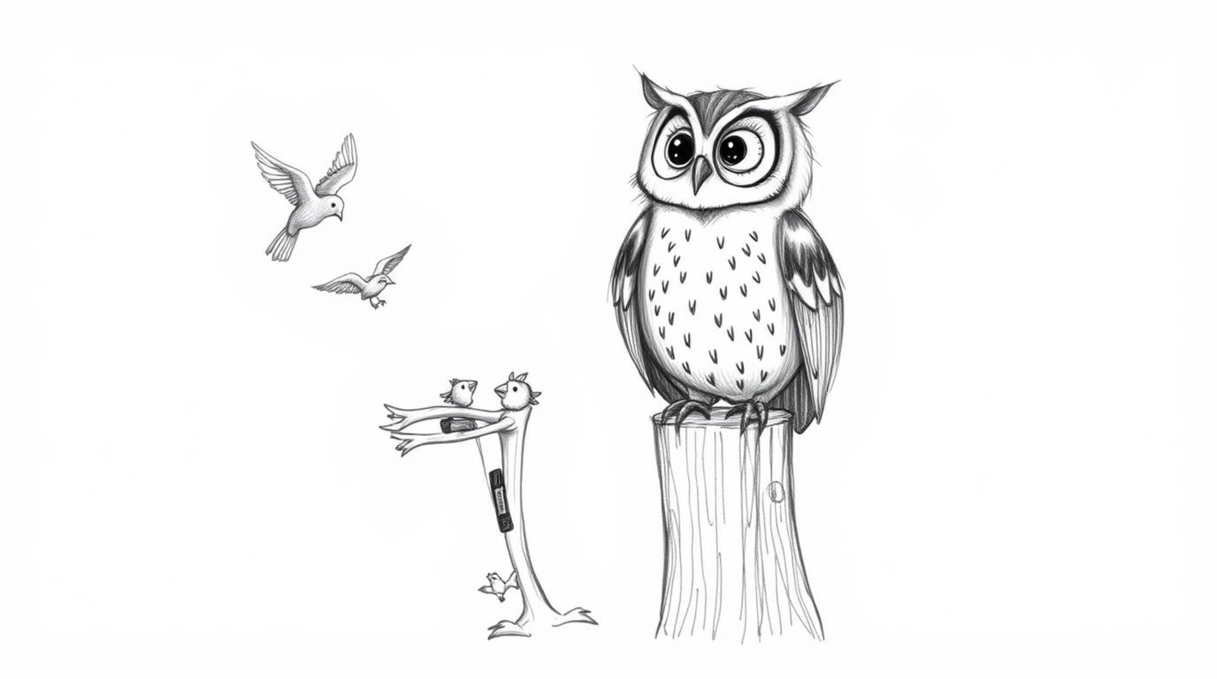 A whimsical hand-drawn sketch in a Pixar style depicts a blind owl perched cheerfully on a tree stump, watching the birds he 