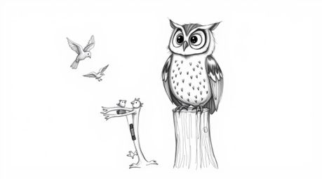 A whimsical hand-drawn sketch in a Pixar style depicts a blind owl perched cheerfully on a tree stump, watching the birds he 
