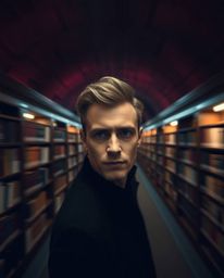 A captivating long exposure photograph captures a person intensely focused on discovering a hidden underground library. The i
