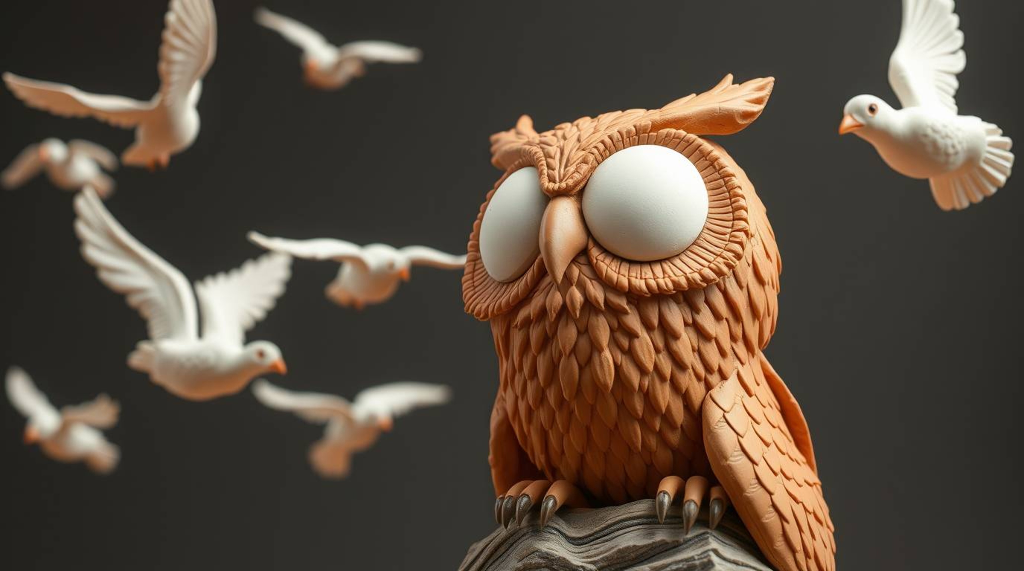 A sculptural clay artwork, reminiscent of Pixar's style, portrays a blind owl guiding birds into flight. The piece emphasizes