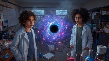 In a highly detailed, cinematic photo with a vibrant, Pixar-inspired color palette, a dynamic science fair duo—a curious boy 