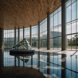 Explore a stunning modern architecture museum characterized by its clean lines and expansive glass windows.  The museum seaml