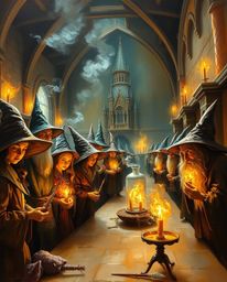 Immerse yourself in a magical school filled with young wizards, depicted in the style of a classic oil painting. Warm candlel