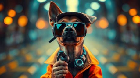 A captivating image of a dog detective utilizing advanced high-tech gadgets, presented in sharp focus against a beautifully b