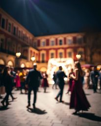 A vibrant musical performance unfolds in a brightly lit town square, captured with a soft bokeh effect. The scene bathes in g