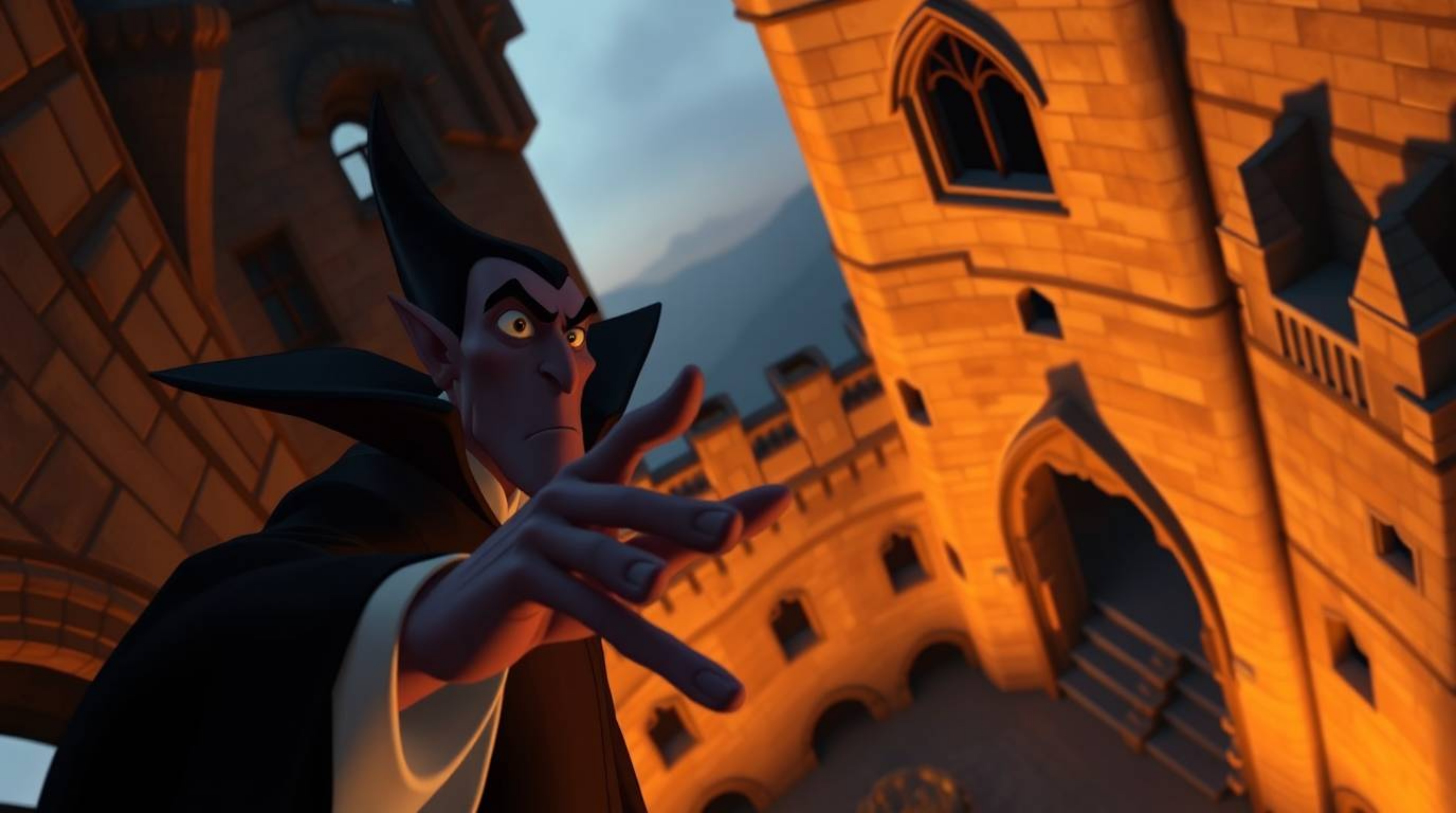 A captivating high-angle perspective captures a classic Disney villain with sharp features and olive skin, immersed in castin