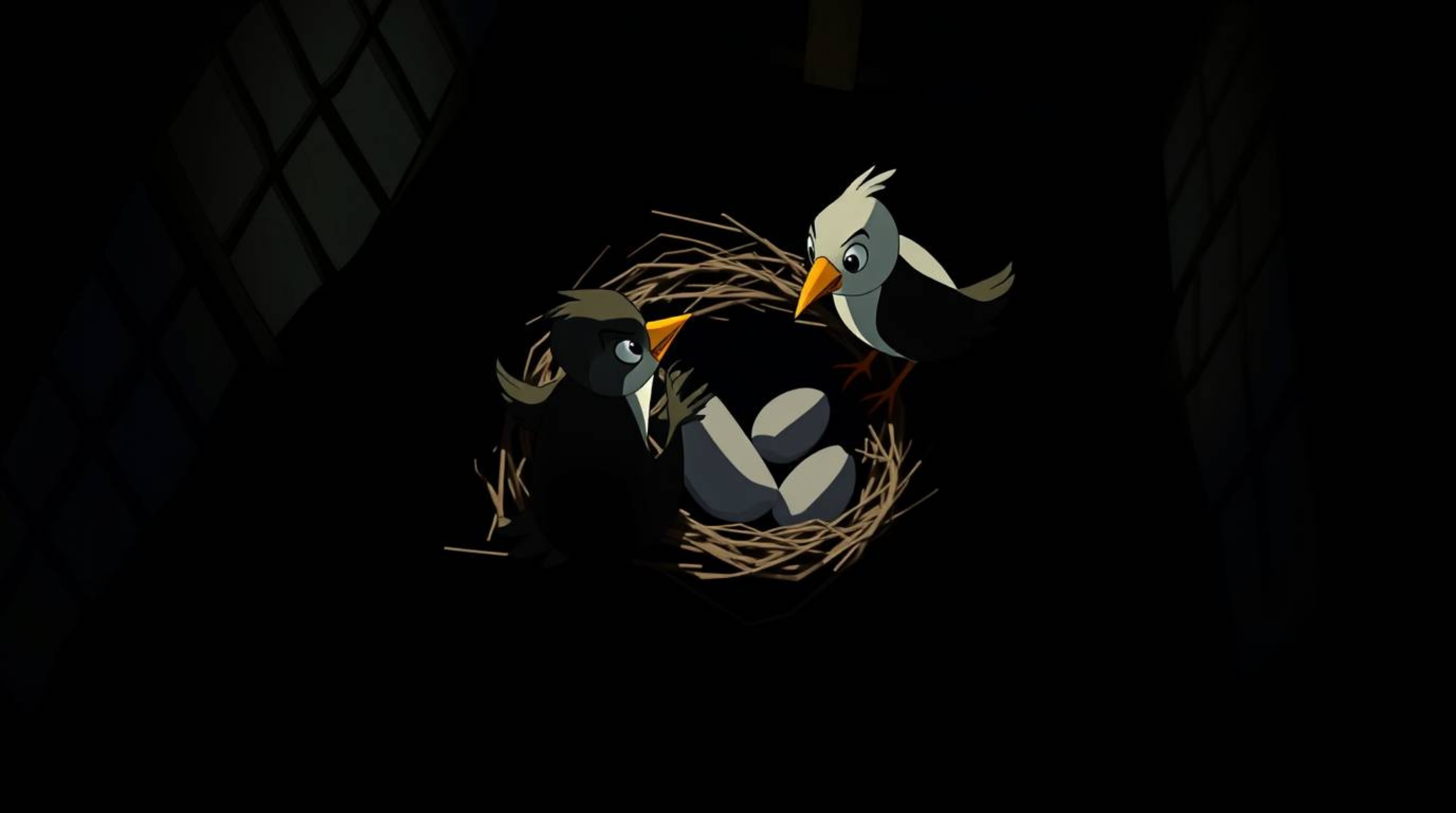 A captivating scene featuring two cartoon birds diligently constructing their nest, rendered in a classic animation style wit