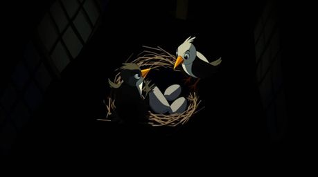 A captivating scene featuring two cartoon birds diligently constructing their nest, rendered in a classic animation style wit