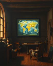A classic oil painting depicting a glowing map projected within an old study, rendered with intense dramatic lighting and ric