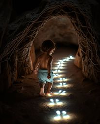 Explore a captivating high-resolution stock photo featuring creative light art, showcasing a child with tan skin and brown ha