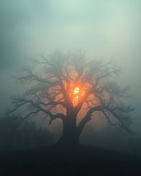 A futuristic sci-fi style scene captures a sunset obscured by thick, foggy surroundings behind an old oak tree with twisted b
