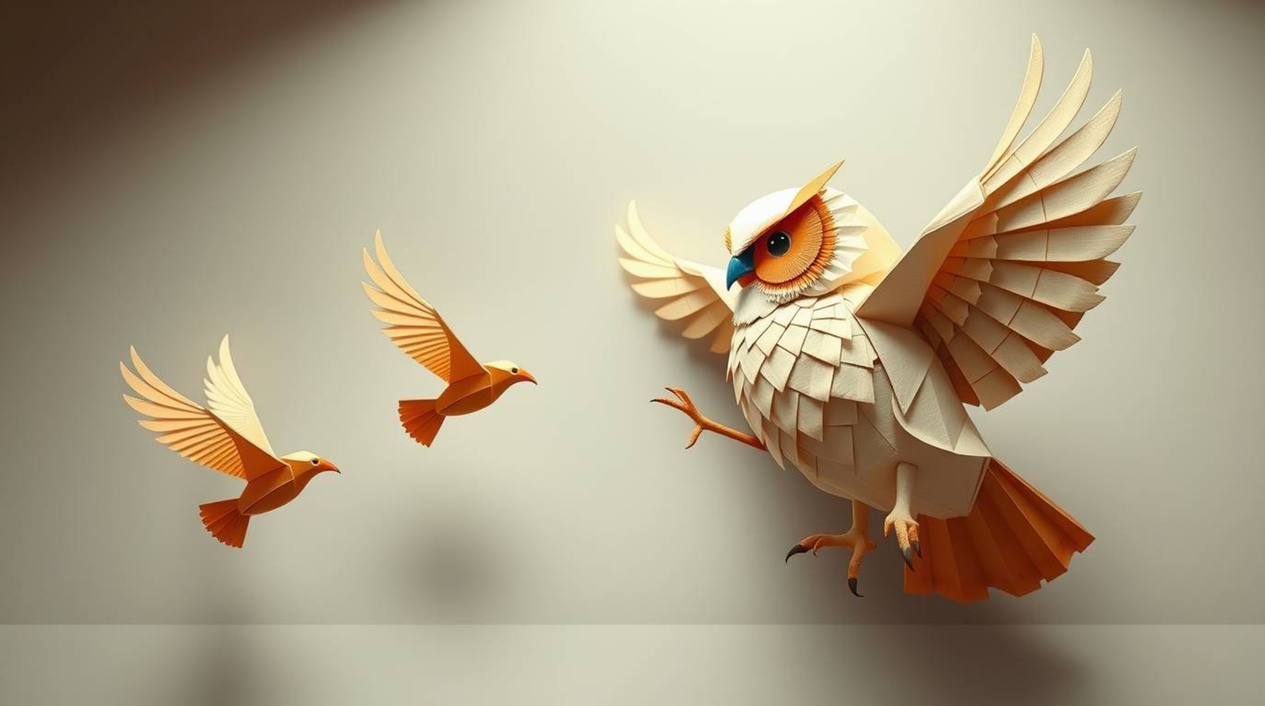 A heartwarming scene unfolds in origami style, showcasing a blind owl, rendered in a Pixar-esque fashion, guiding a flock of