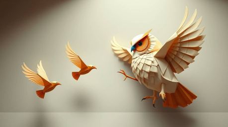 A heartwarming scene unfolds in origami style, showcasing a blind owl, rendered in a Pixar-esque fashion, guiding a flock of 