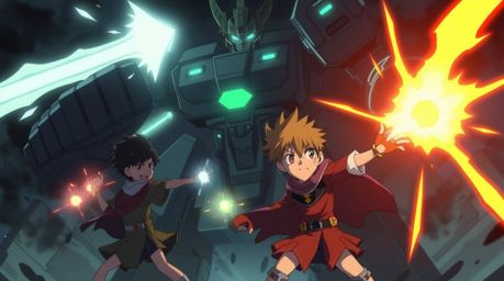 A trio of superpowered kids embark on a dramatic battle against a formidable robot in a moody Isekai anime setting. The scene