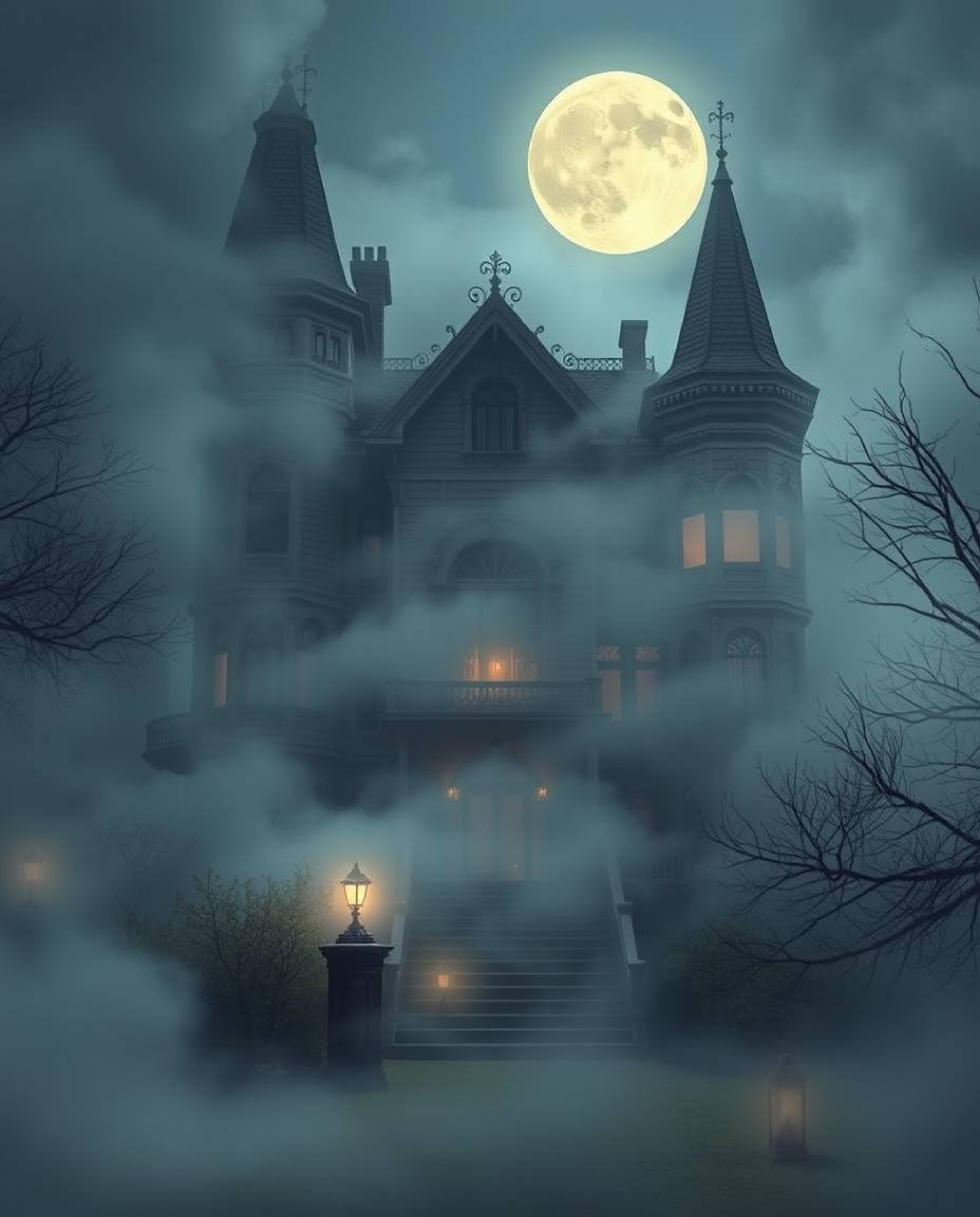 Explore a dreamlike and surreal scene featuring a fog-covered Victorian mansion bathed in soft moonlight. This fantastical im