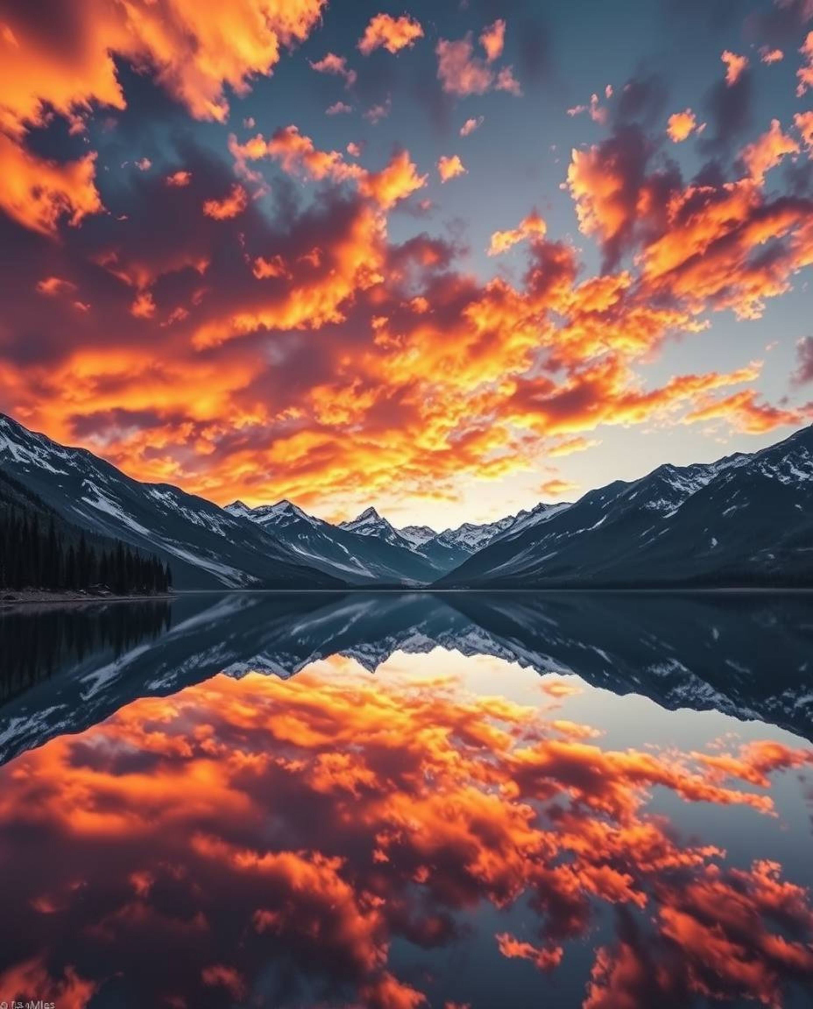 Precise architectural color photography captures the graceful and elegant reflections of fiery clouds in a mountain lake. The