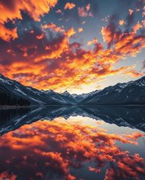 Precise architectural color photography captures the graceful and elegant reflections of fiery clouds in a mountain lake. The