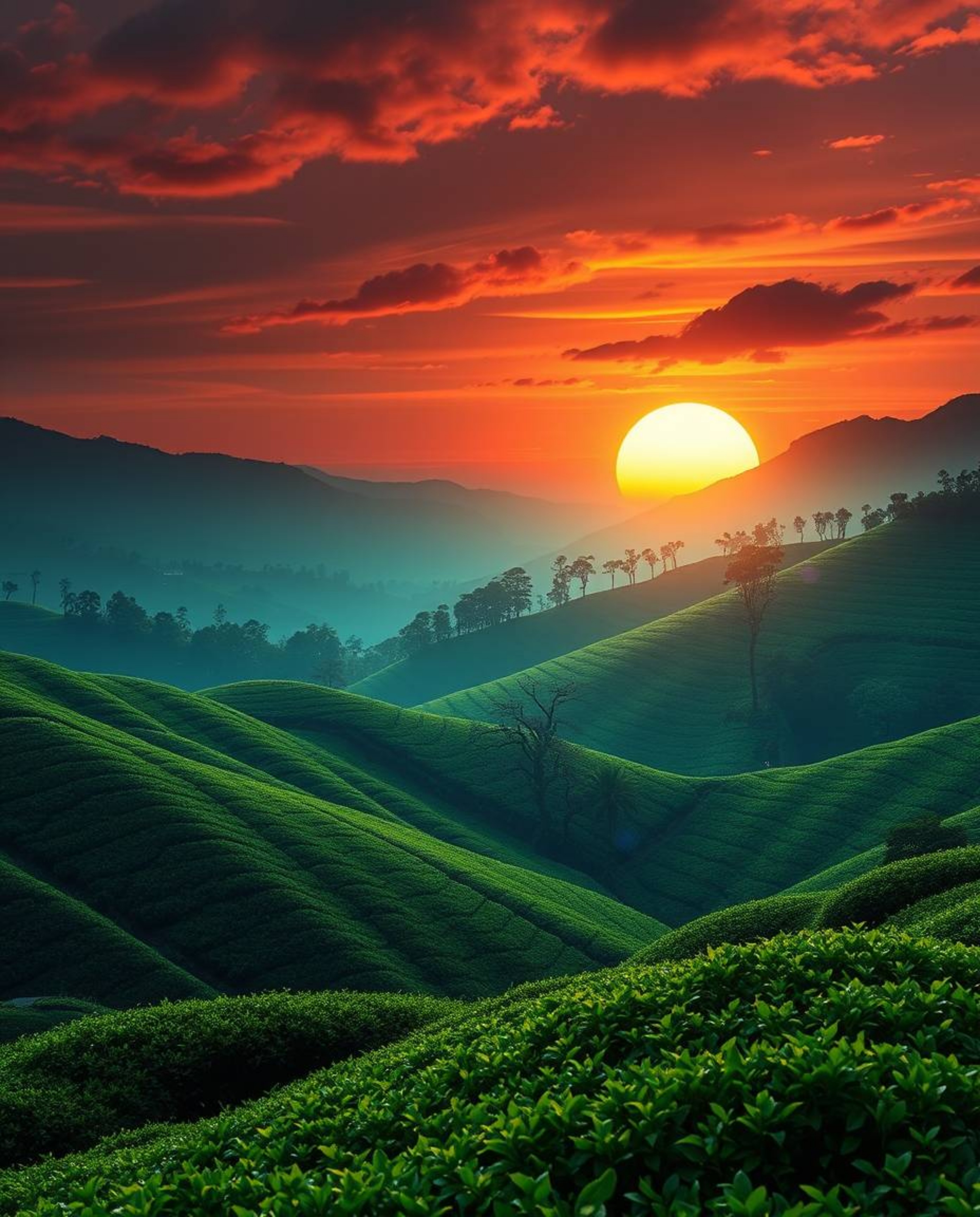 A futuristic sci-fi sunset over terraced tea plantations, designed with adorable and charming features. The scene incorporate