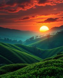 A futuristic sci-fi sunset over terraced tea plantations, designed with adorable and charming features. The scene incorporate