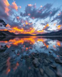 An extreme macro photograph captures the fiery cloud reflections in a mountain lake, with a strong emphasis on the minute det