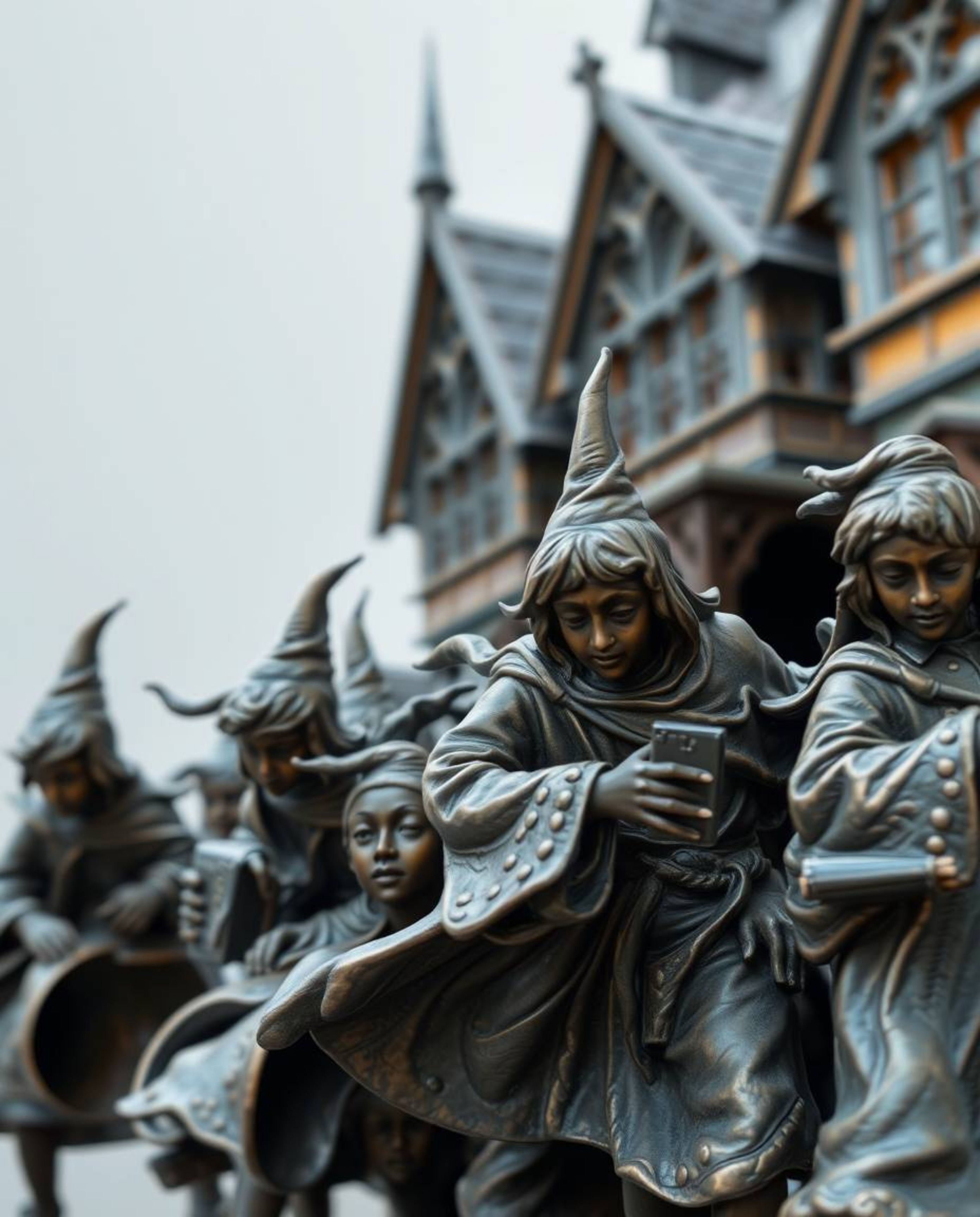 This dynamic bronze sculpture captures the essence of a magical school bustling with young wizards. The patina finish and blu