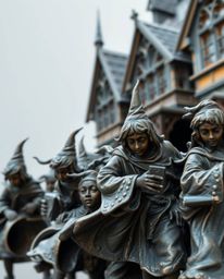 This dynamic bronze sculpture captures the essence of a magical school bustling with young wizards. The patina finish and blu