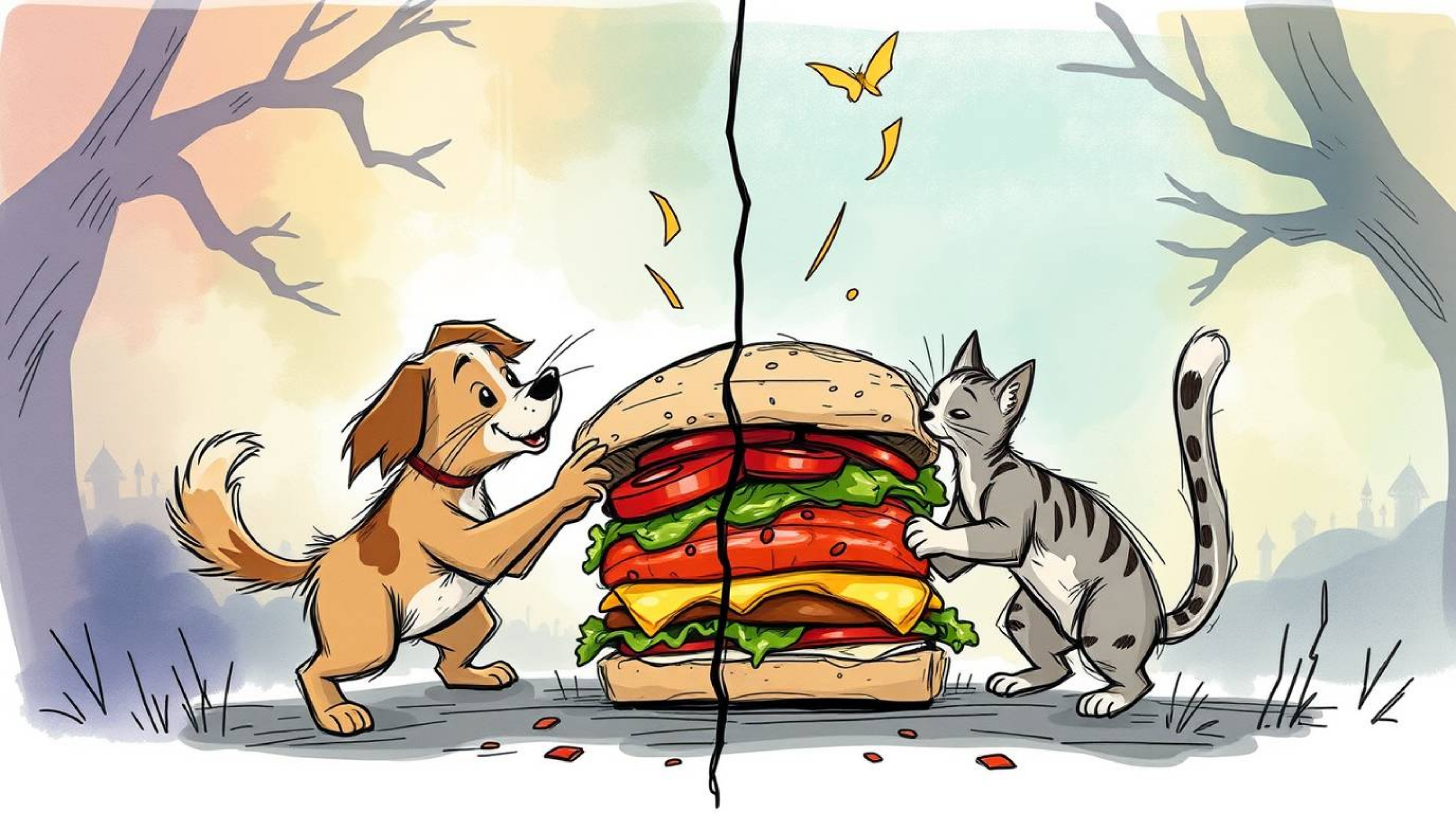 A whimsical hand-drawn sketch depicts a comical battle between a dog and cat over a colossal sandwich, set within a mystical 