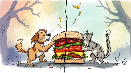 A whimsical hand-drawn sketch depicts a comical battle between a dog and cat over a colossal sandwich, set within a mystical 