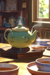 A classic image of tranquility and tradition, this scene features a traditional clay teapot gently releasing steam from its s