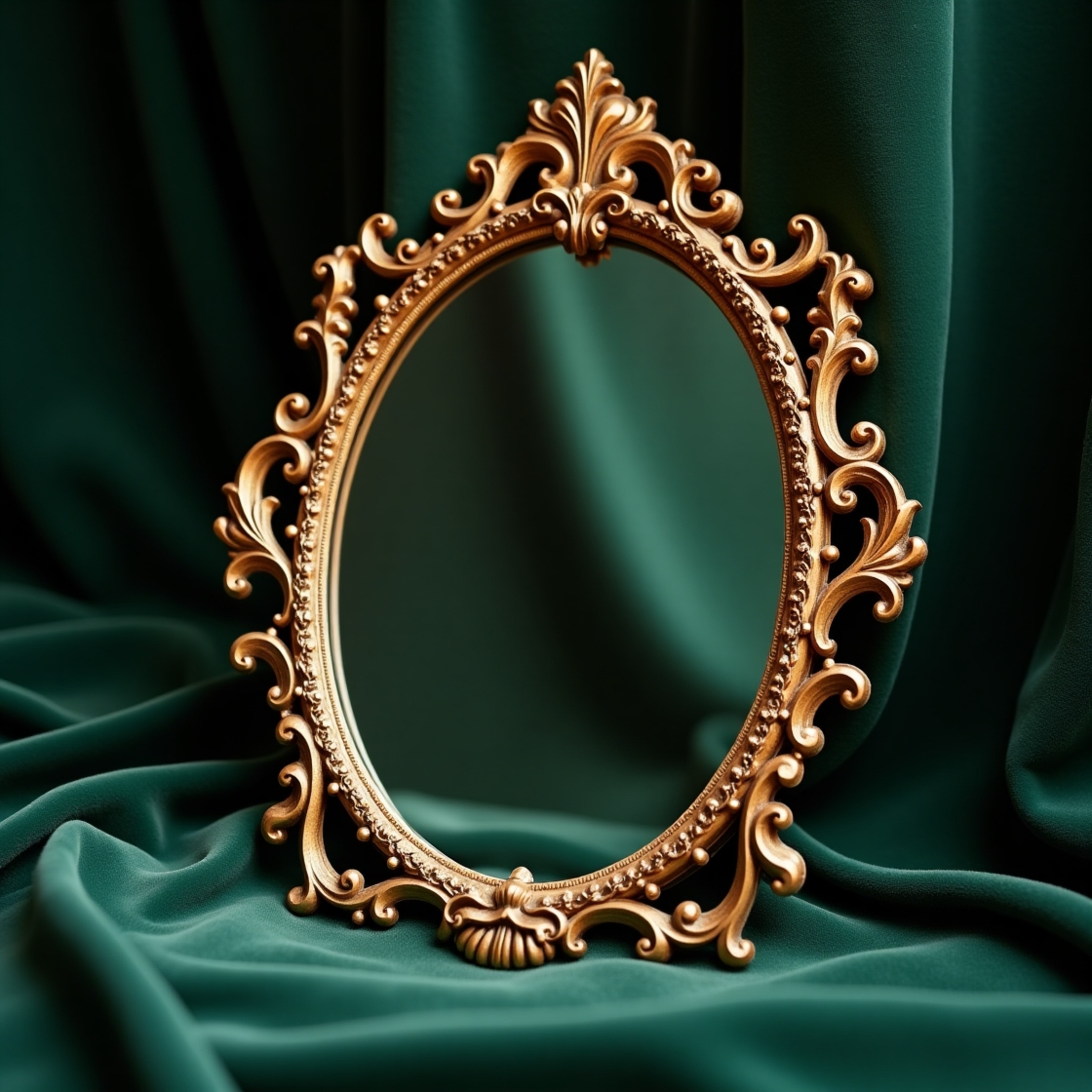 An exquisite antique mirror frame, embellished with intricate acanthus leaves and floral patterns, rests upon luxurious emera