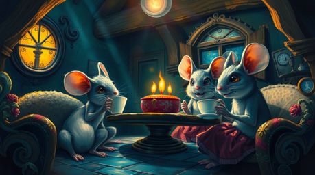 Immerse yourself in a vibrant yet unsettling painting featuring anthropomorphic mice enjoying tea within a cozy cottage. The 