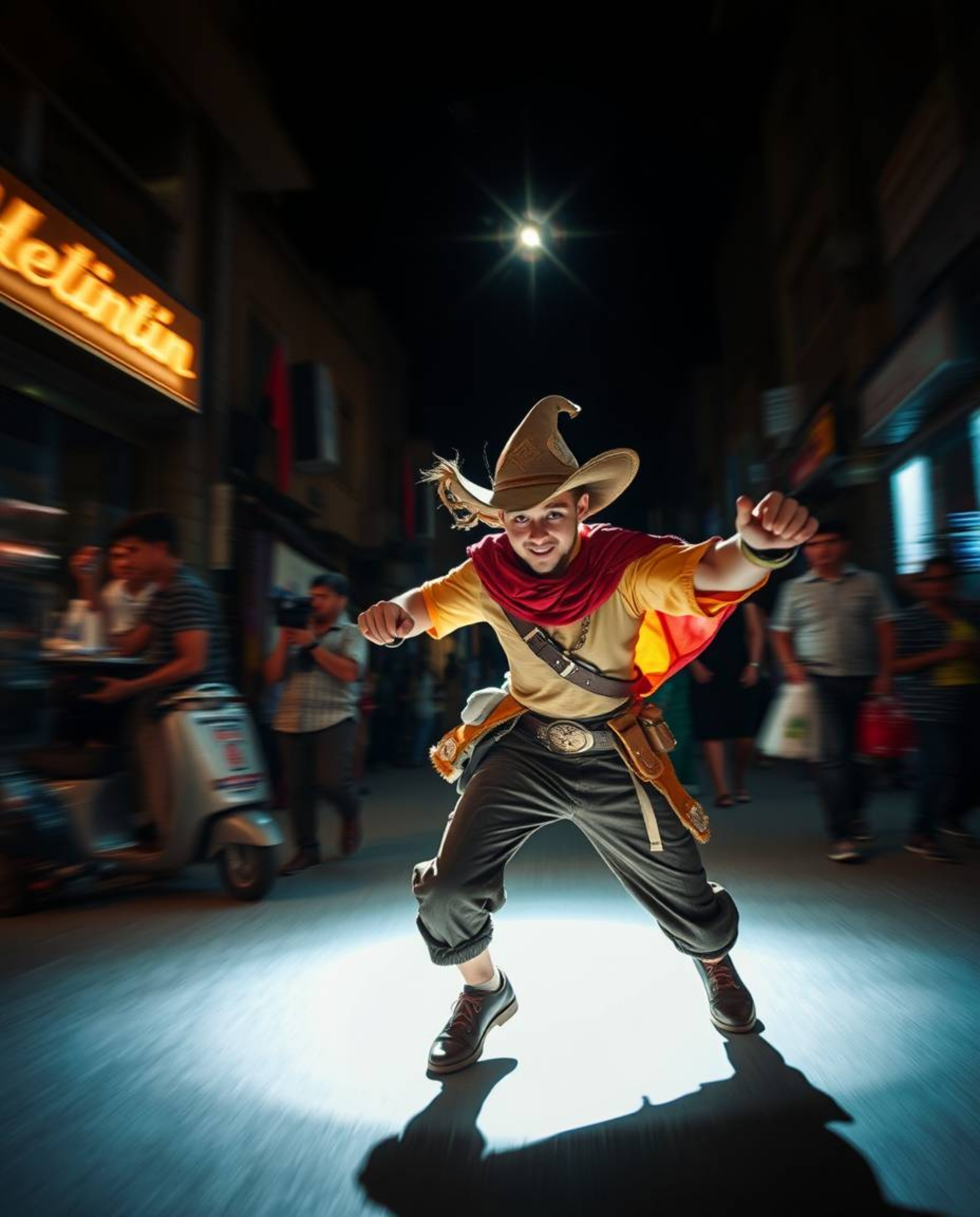 Explore the raw energy of dynamic candid street photography featuring a brave hero reminiscent of Disney's iconic characters 