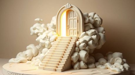 A breathtaking sculptural clay artwork depicting a heavenly gate floating serenely above soft clouds.  Stairs gracefully asce