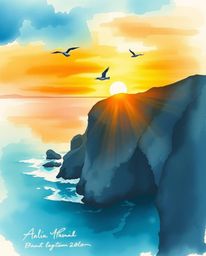 A delicate watercolor painting captures a serene sunset over a coastal cliff, featuring soaring birds. The artwork is brought