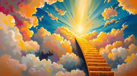 This bold acrylic painting depicts a golden staircase dramatically ascending through clouds into a radiant heaven, with sunli