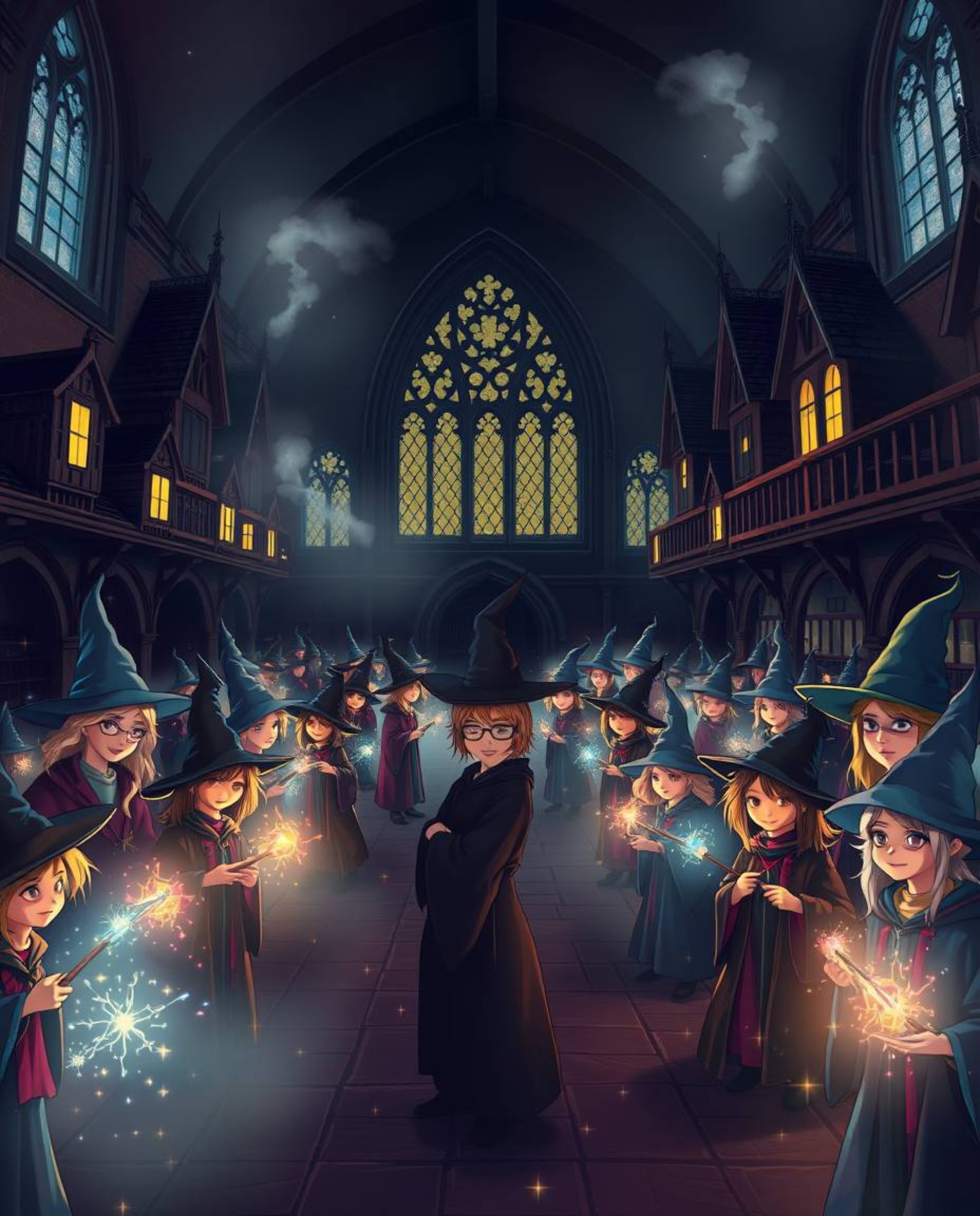 Immerse yourself in a magical school teeming with young wizards, vividly depicted in a seamless color blend. Experience a smo