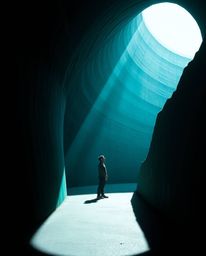 A striking image featuring rich, deep teal tones and strong, hard light creates a captivating scene of a person standing at t
