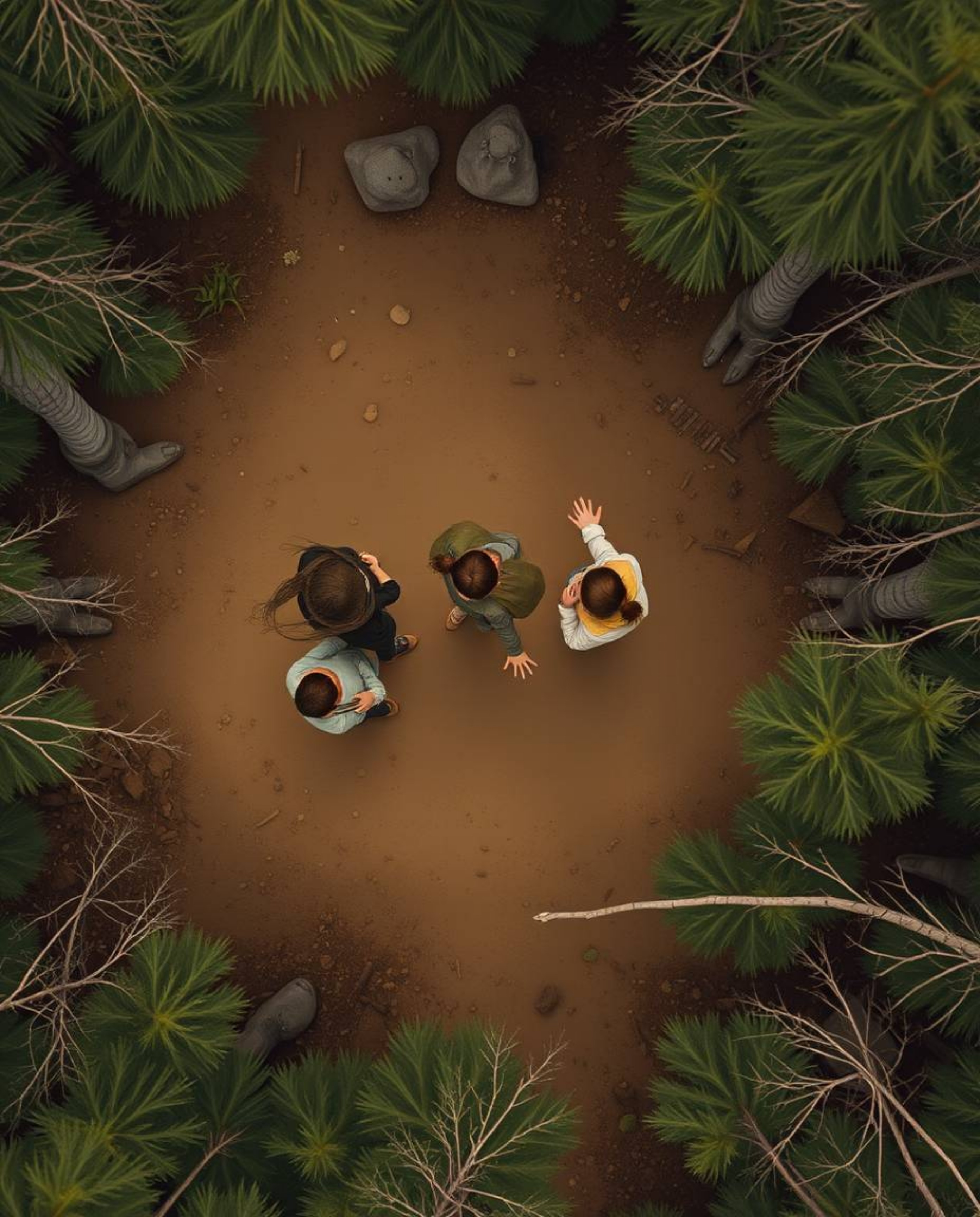 Witness a captivating overhead, bird's-eye view of a group of friends with extraordinary powers as they embark on an exciting
