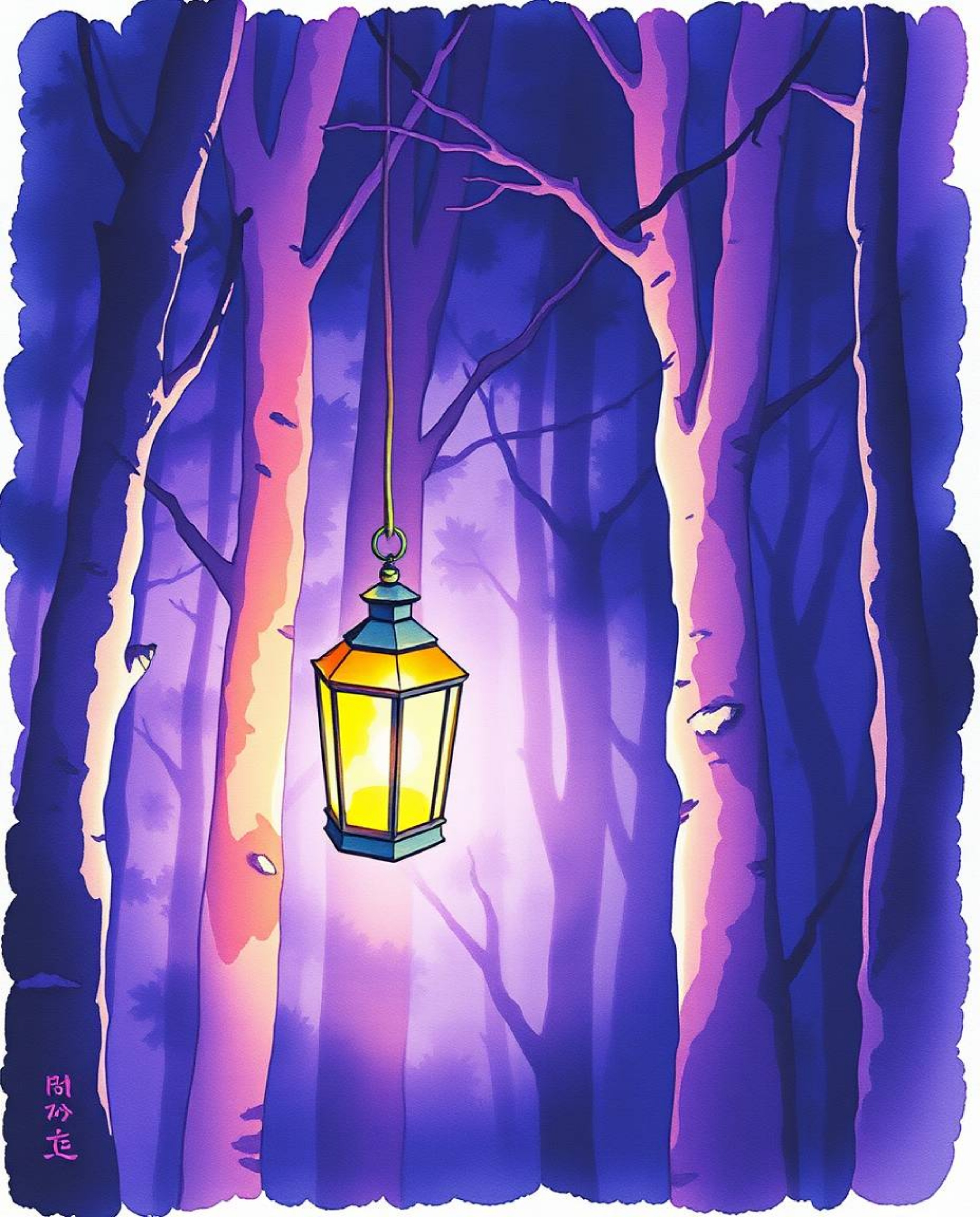 A delicate watercolor painting depicts a glowing lantern illuminating a dark forest from a high-angle perspective.  The artwo