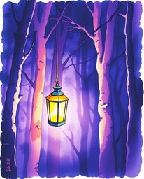 A delicate watercolor painting depicts a glowing lantern illuminating a dark forest from a high-angle perspective.  The artwo