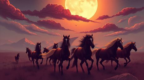 A captivating illustration showcases a herd of wild horses galloping beneath a vibrant, glowing sky.  Rendered in a sophistic