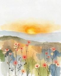 A delicate watercolor painting captures a serene sunset over a spring wildflower meadow. The artwork is characterized by its 
