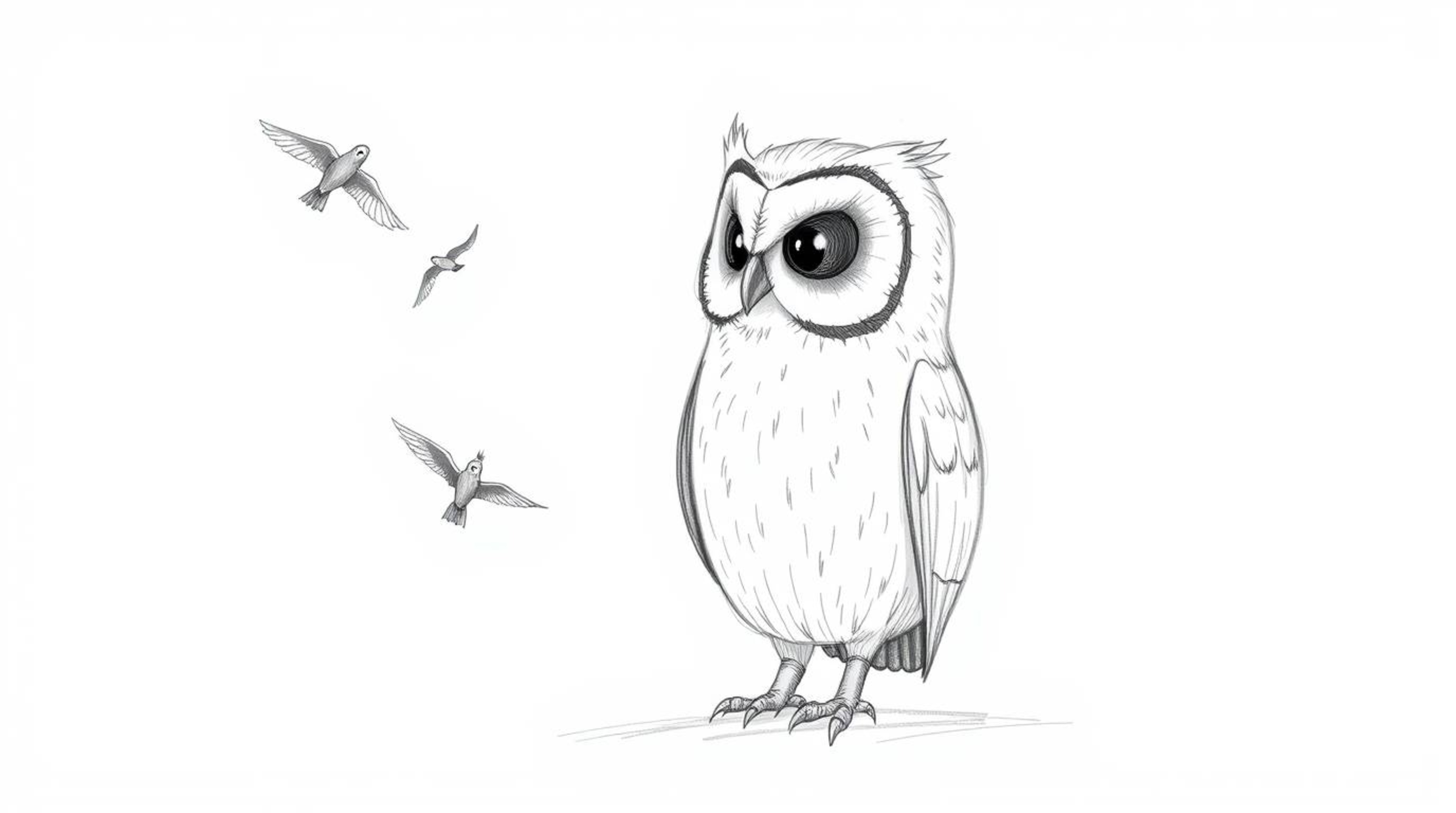 A Pixar-style, hand-drawn sketch depicts a large, blind owl with subtly textured feathers calmly observing small birds circli