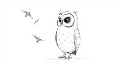 A Pixar-style, hand-drawn sketch depicts a large, blind owl with subtly textured feathers calmly observing small birds circli
