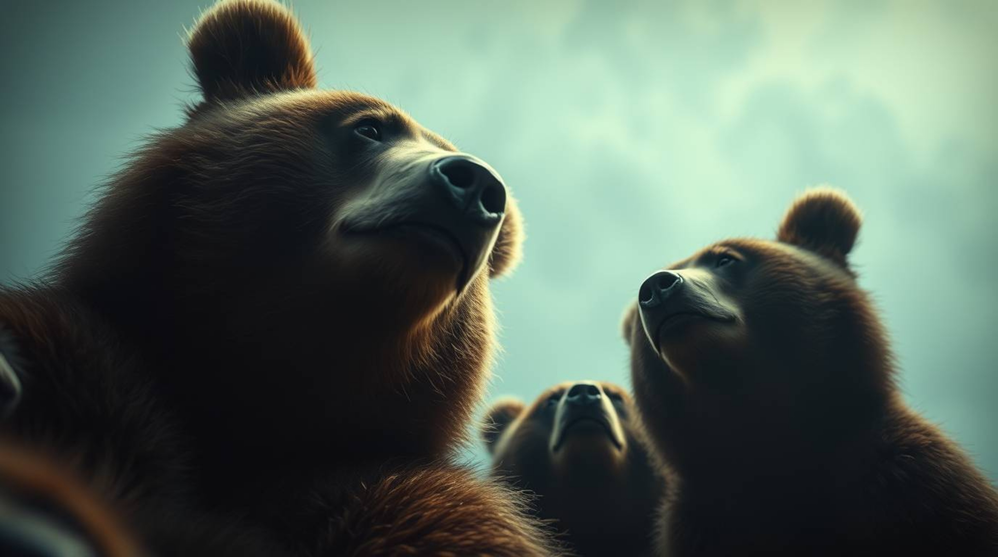 Discover a captivating image of a bear family gazing upward, captured with a soft cinematic haze and dramatic lighting.  The 
