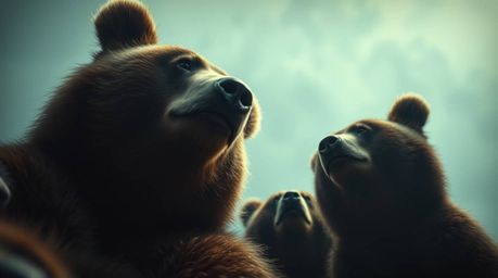 Discover a captivating image of a bear family gazing upward, captured with a soft cinematic haze and dramatic lighting.  The 