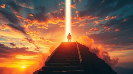 A captivating image depicts a solitary figure ascending a stone staircase toward a divine beam of light, enveloped in swirlin