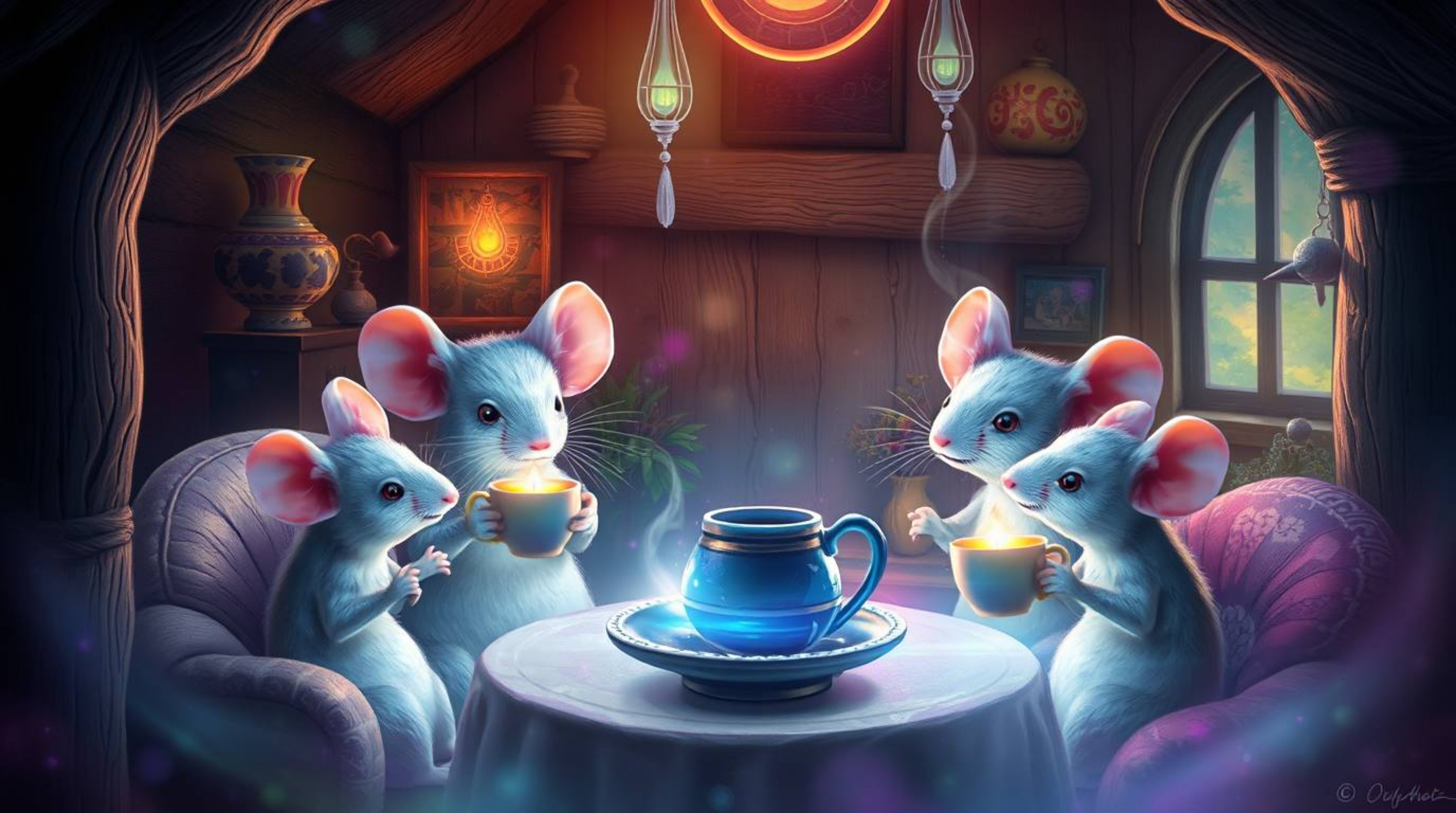 A captivating digital painting depicts anthropomorphic mice enjoying a serene tea party within a cozy cottage.  The artwork i