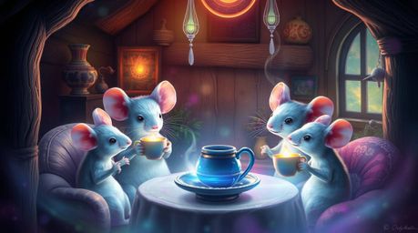 A captivating digital painting depicts anthropomorphic mice enjoying a serene tea party within a cozy cottage.  The artwork i